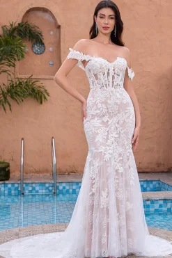 Sereia Branca Fora do Ombro Varredura Trem Vestido de Noiva com Applique Lace