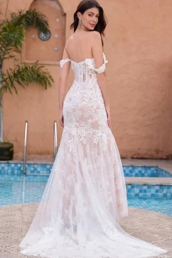Sereia Branca Fora do Ombro Varredura Trem Vestido de Noiva com Applique Lace