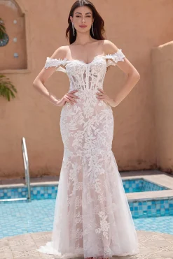 Sereia Branca Fora do Ombro Varredura Trem Vestido de Noiva com Applique Lace
