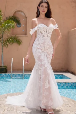 Sereia Branca Fora do Ombro Varredura Trem Vestido de Noiva com Applique Lace
