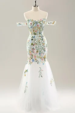 Sereia Branca Fora do Ombro Flores Corset Vestido de Noiva