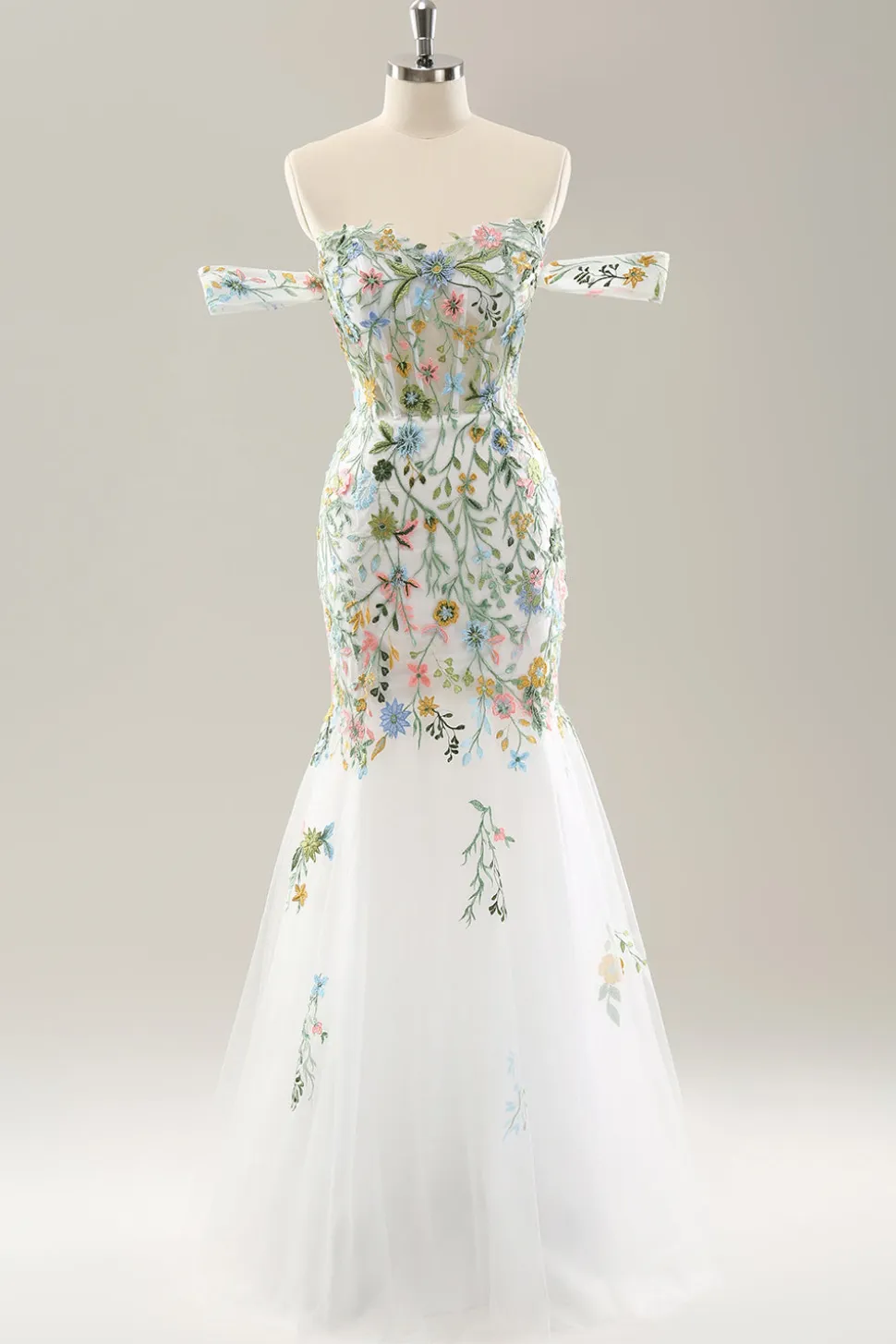 Sereia Branca Fora do Ombro Flores Corset Vestido de Noiva