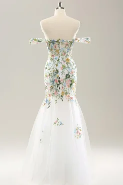 Sereia Branca Fora do Ombro Flores Corset Vestido de Noiva