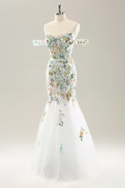 Sereia Branca Fora do Ombro Flores Corset Vestido de Noiva