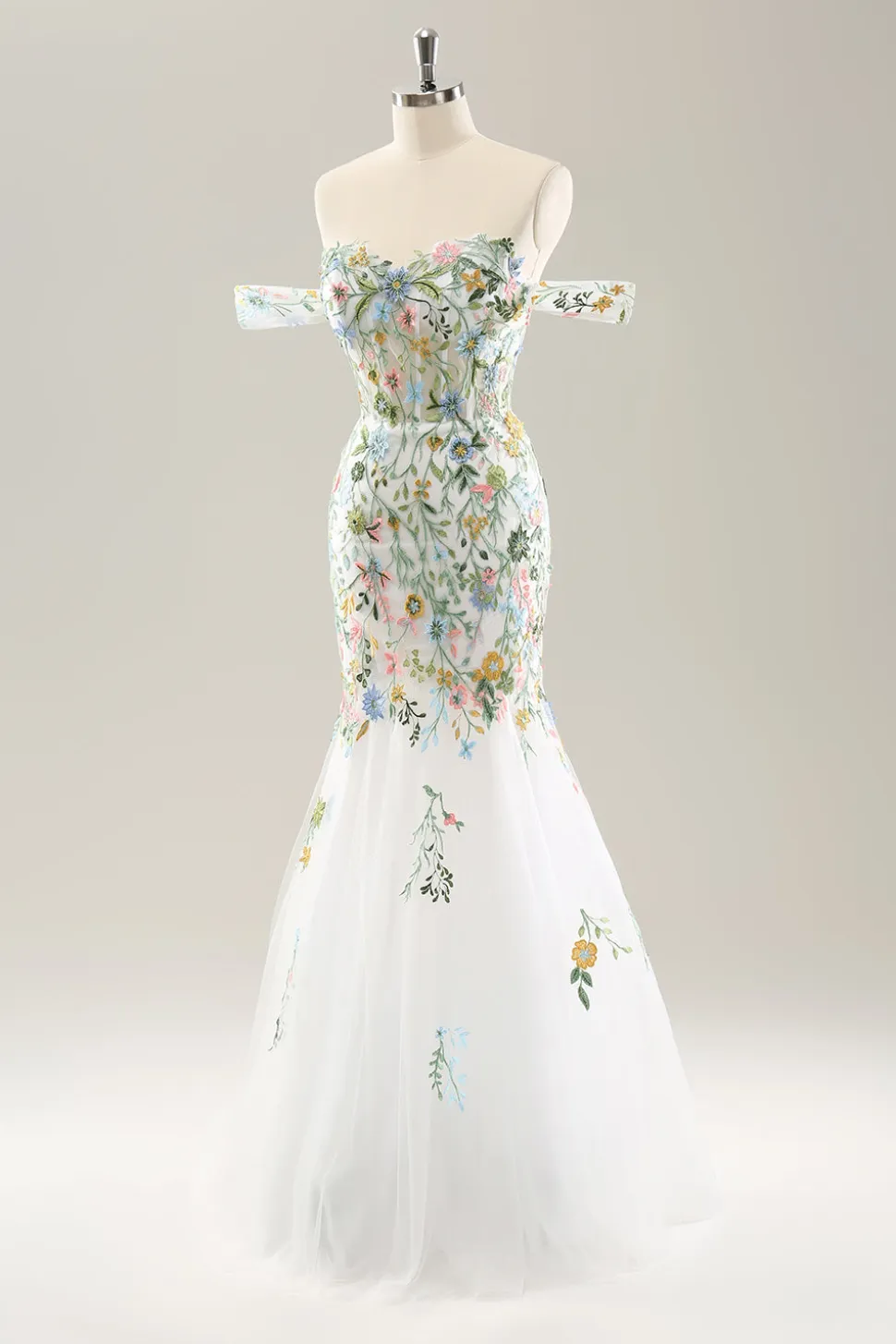 Sereia Branca Fora do Ombro Flores Corset Vestido de Noiva