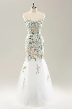 Sereia Branca Fora do Ombro Flores Corset Vestido de Noiva