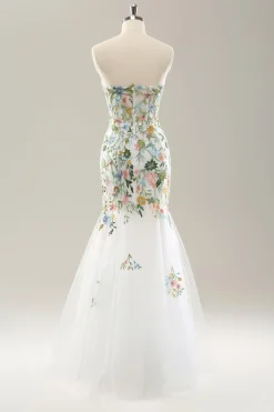 Sereia Branca Fora do Ombro Flores Corset Vestido de Noiva