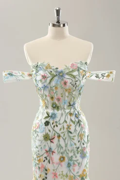 Sereia Branca Fora do Ombro Flores Corset Vestido de Noiva