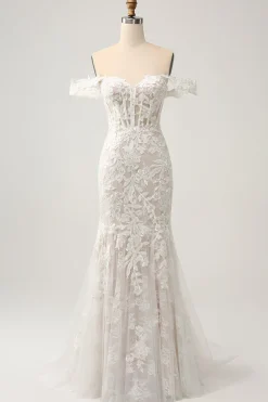 Sereia Branca Fora do Ombro Varredura Trem Vestido de Noiva com Applique Lace