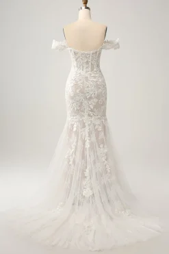 Sereia Branca Fora do Ombro Varredura Trem Vestido de Noiva com Applique Lace