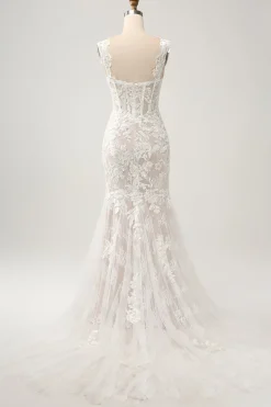 Sereia Branca Fora do Ombro Varredura Trem Vestido de Noiva com Applique Lace