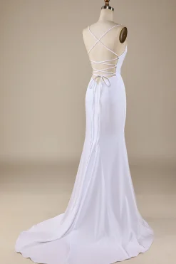 Sereia Branca Lace-Up Back Sweep Train Vestido de Noiva