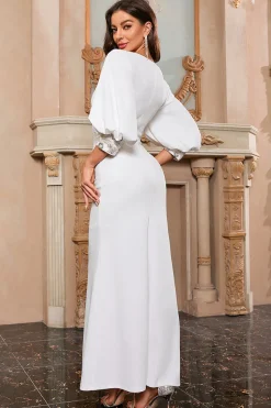 Sereia Branca V Pescoço Longo Vestido de Baile com Mangas Puff