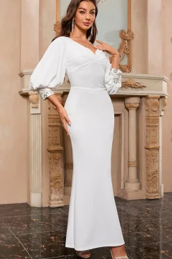 Sereia Branca V Pescoço Longo Vestido de Baile com Mangas Puff