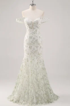 Sereia Branca Verde Flor Fora O Ombro Longo Vestido de Baile