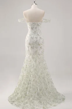 Sereia Branca Verde Flor Fora O Ombro Longo Vestido de Baile