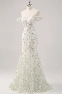 Sereia Branca Verde Flor Fora O Ombro Longo Vestido de Baile