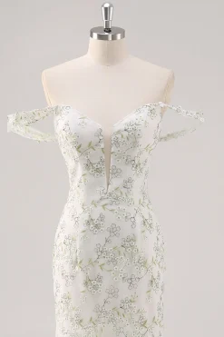 Sereia Branca Verde Flor Fora O Ombro Longo Vestido de Baile