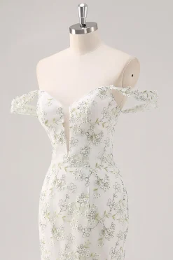 Sereia Branca Verde Flor Fora O Ombro Longo Vestido de Baile