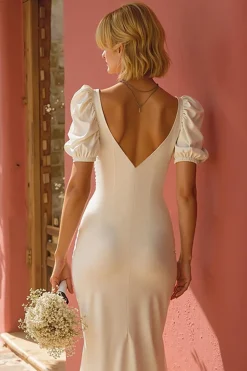 Sereia Branca V-Neck Vestido de Noiva com Fenda