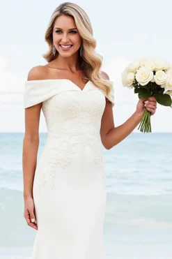 Sereia Branco Cetim Fora do Ombro Sweep/Brush Trem Vestido de Noiva