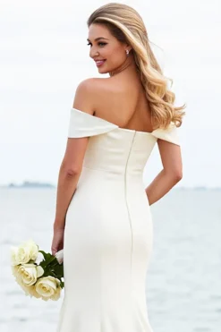 Sereia Branco Fora do Ombro Cetim Longo Vestido de Noiva com Renda