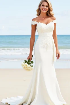 Sereia Branco Fora do Ombro Cetim Sweep/Brush Trem Vestido de Noiva com Renda