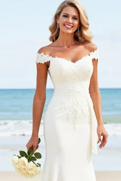 Sereia Branco Fora do Ombro Cetim Sweep/Brush Trem Vestido de Noiva com Renda