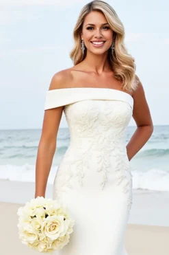 Sereia Branco Um Ombro Cetim Sweep/Brush Trem Vestido de Noiva com Apliques