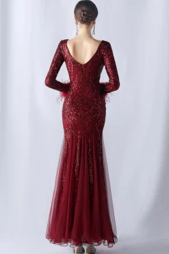 Sereia brilhante Borgonha emplumada mãe de vestido de noiva com mangas compridas