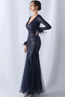 Sereia brilhante Borgonha emplumada mãe de vestido de noiva com mangas compridas