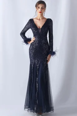 Sereia brilhante Borgonha emplumada mãe de vestido de noiva com mangas compridas