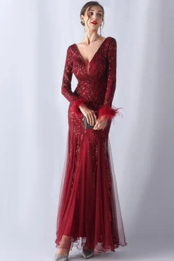 Sereia brilhante Borgonha emplumada mãe de vestido de noiva com mangas compridas
