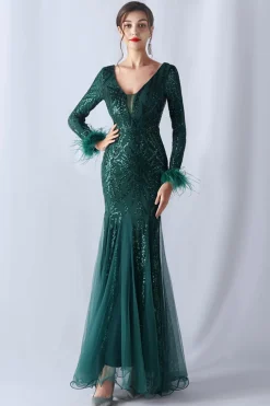 Sereia brilhante Borgonha emplumada mãe de vestido de noiva com mangas compridas