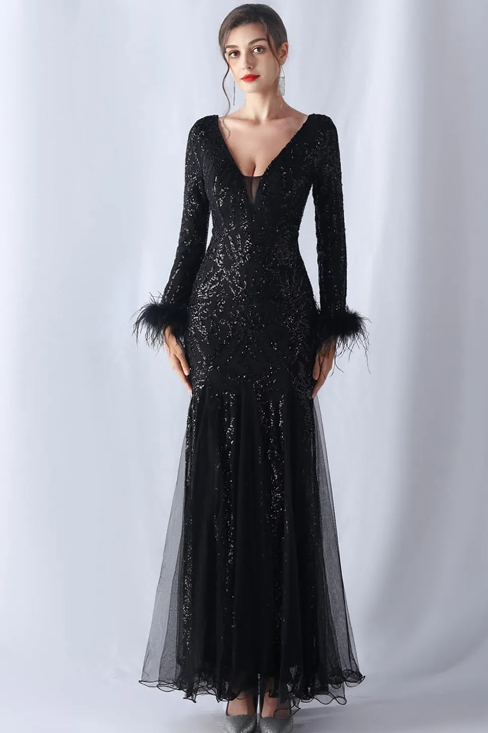 Sereia brilhante Borgonha emplumada mãe de vestido de noiva com mangas compridas
