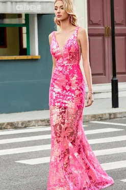 Sereia Brilhante Deep V Neck Fuchsia Sequins Long Prom Dress com Apliques
