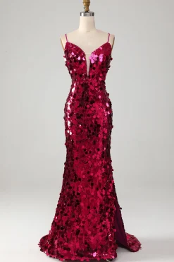 Sereia brilhante espaguete correias Fuchsia Sequins longo vestido de baile com fenda