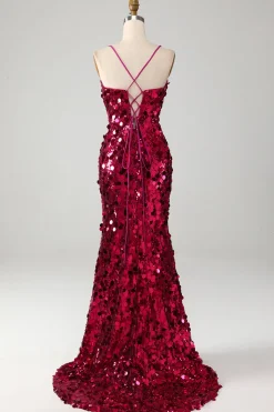 Sereia brilhante espaguete correias Fuchsia Sequins longo vestido de baile com fenda