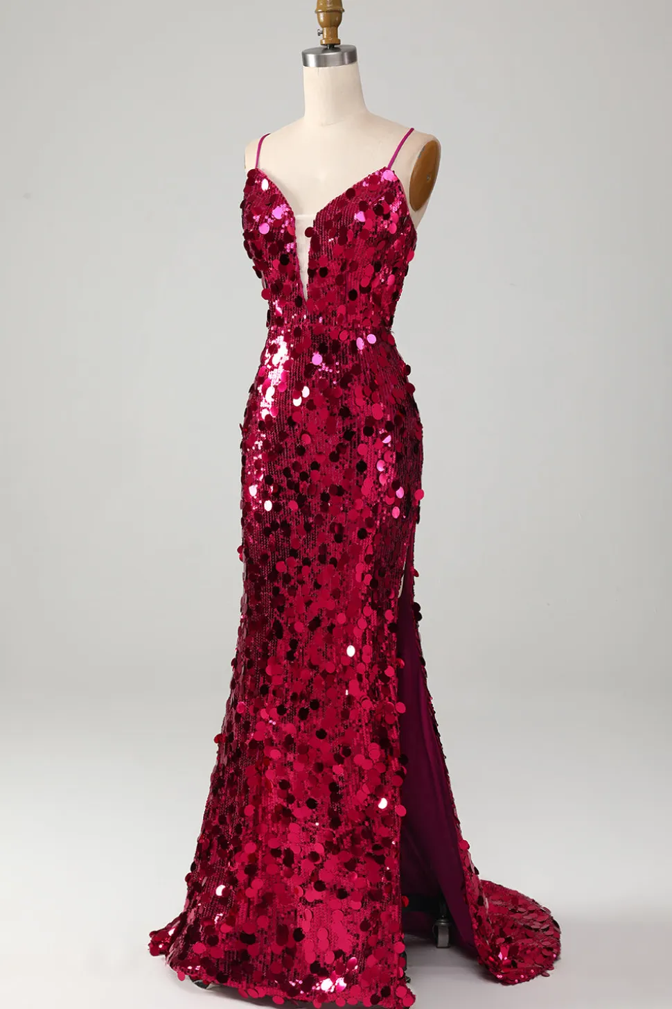 Sereia brilhante espaguete correias Fuchsia Sequins longo vestido de baile com fenda