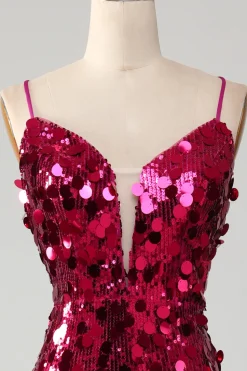Sereia brilhante espaguete correias Fuchsia Sequins longo vestido de baile com fenda