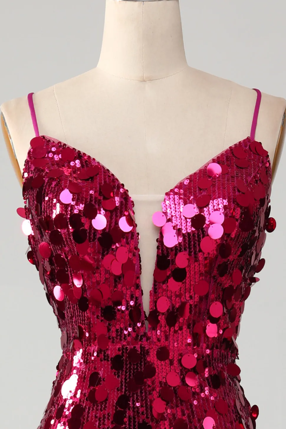 Sereia brilhante espaguete correias Fuchsia Sequins longo vestido de baile com fenda
