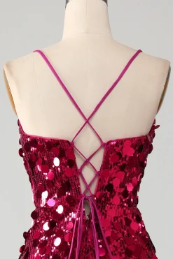 Sereia brilhante espaguete correias Fuchsia Sequins longo vestido de baile com fenda