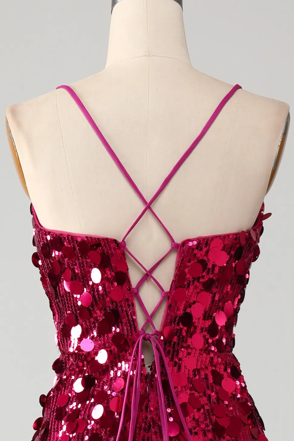 Sereia brilhante espaguete correias Fuchsia Sequins longo vestido de baile com fenda