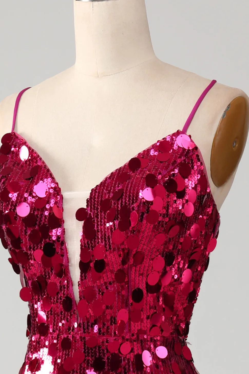 Sereia brilhante espaguete correias Fuchsia Sequins longo vestido de baile com fenda