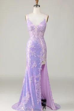 Sereia Brilhante Esparguete Correias Roxo Corset Prom Dress com Fenda