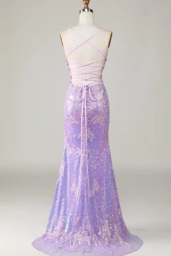Sereia Brilhante Esparguete Correias Roxo Corset Prom Dress com Fenda