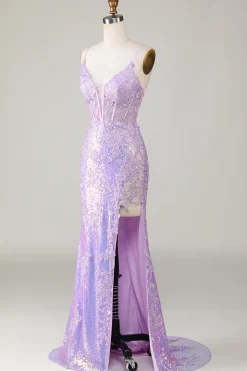 Sereia Brilhante Esparguete Correias Roxo Corset Prom Dress com Fenda
