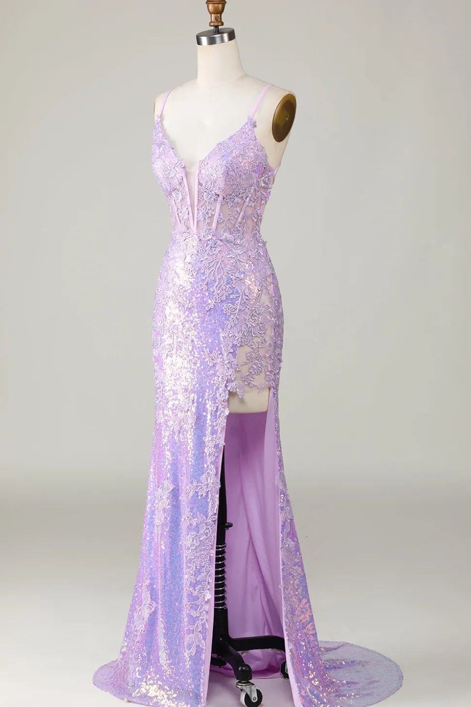 Sereia Brilhante Esparguete Correias Roxo Corset Prom Dress com Fenda