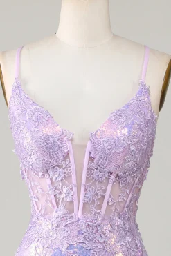 Sereia Brilhante Esparguete Correias Roxo Corset Prom Dress com Fenda