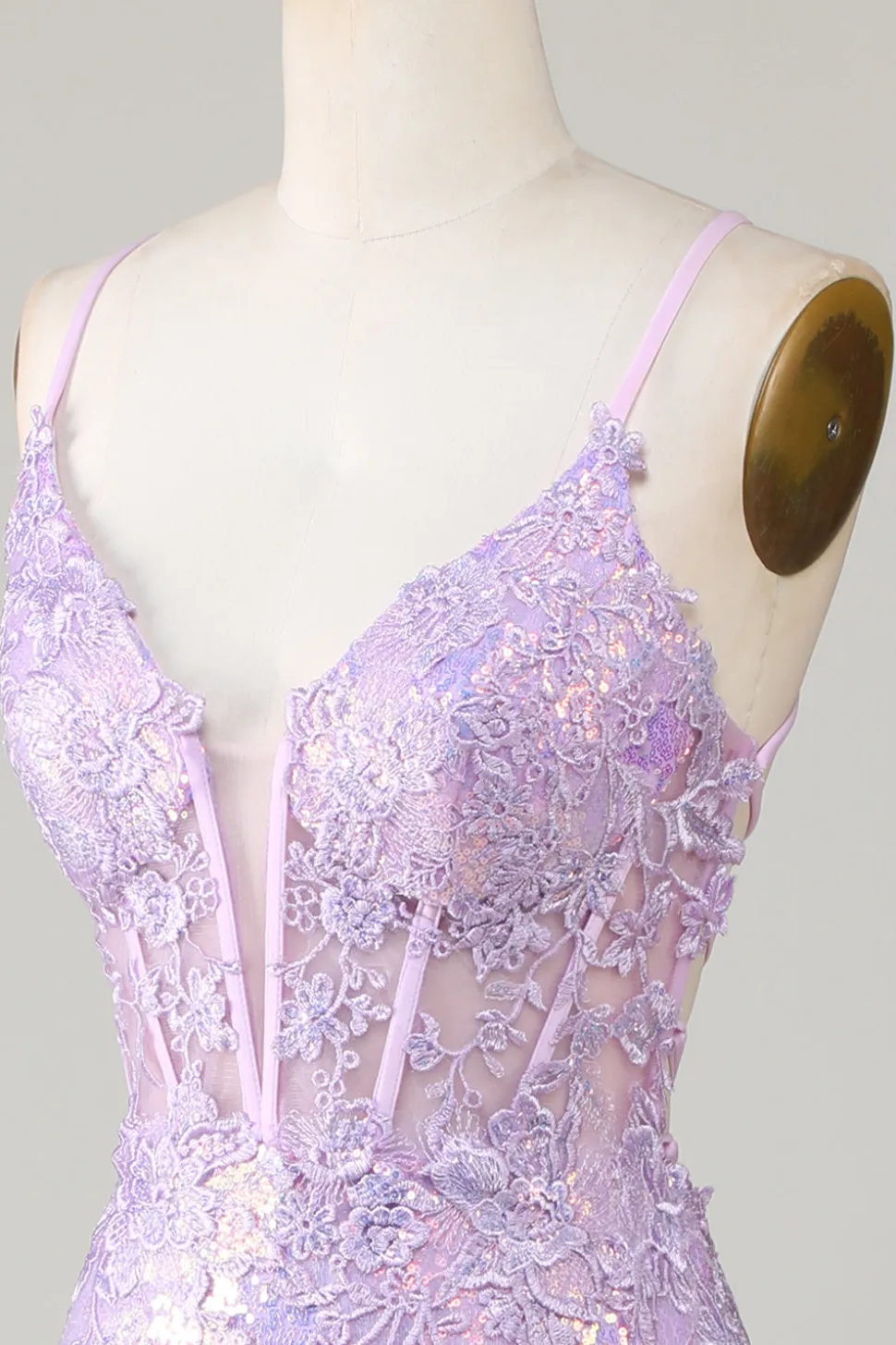 Sereia Brilhante Esparguete Correias Roxo Corset Prom Dress com Fenda